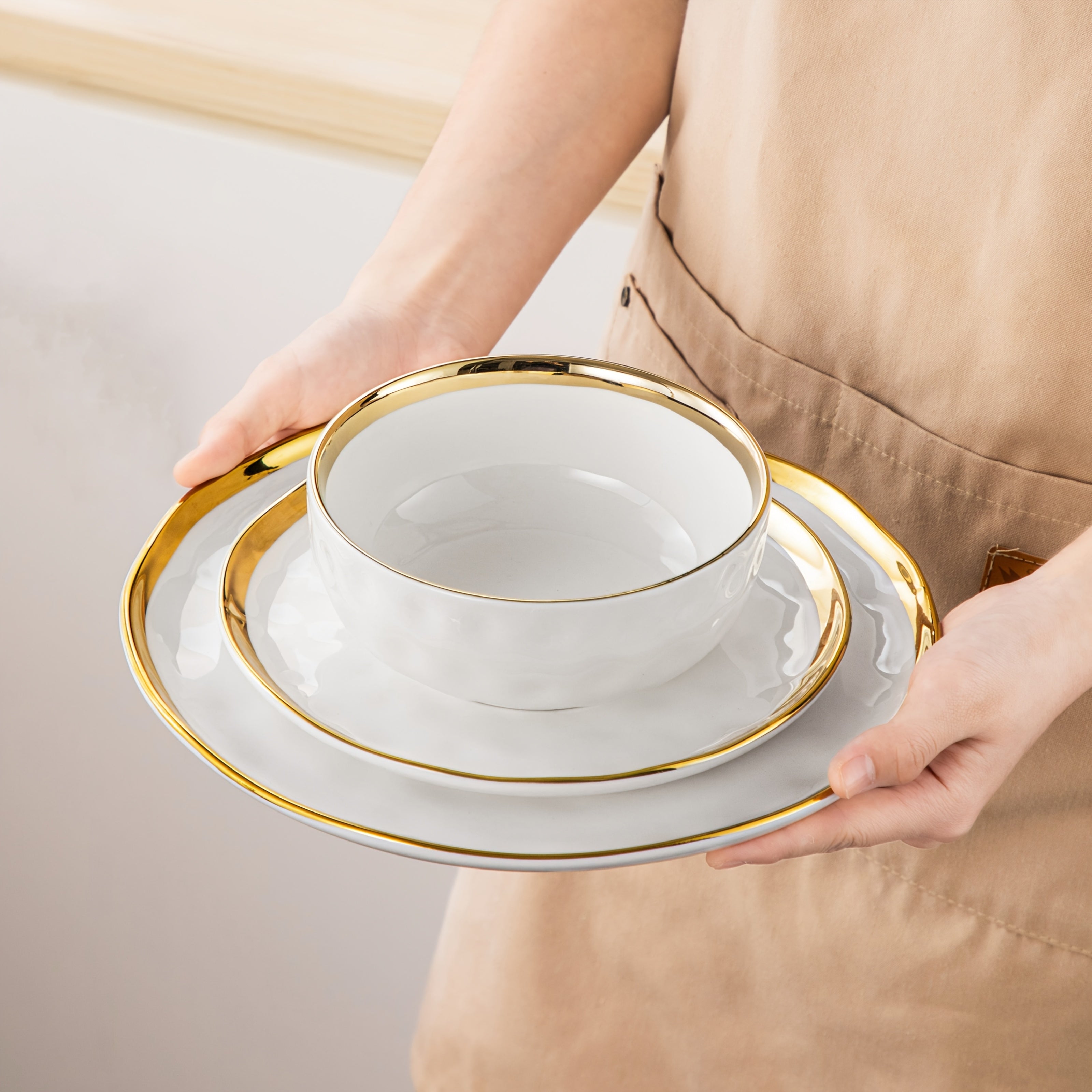 [Dinnerware Sets] 12pcs White And Golden Stoneware Dinnerware Sets Handmade Dinnerware With Golden Trim, Dishwasher Safe Dinner Set