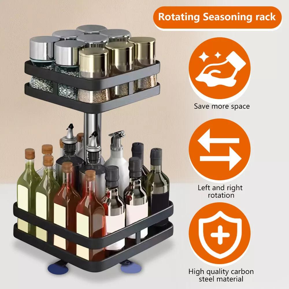 2 Tier Metal Lazy Susan Spice Rack Rotate Height Adjustable Seasoning Organizer