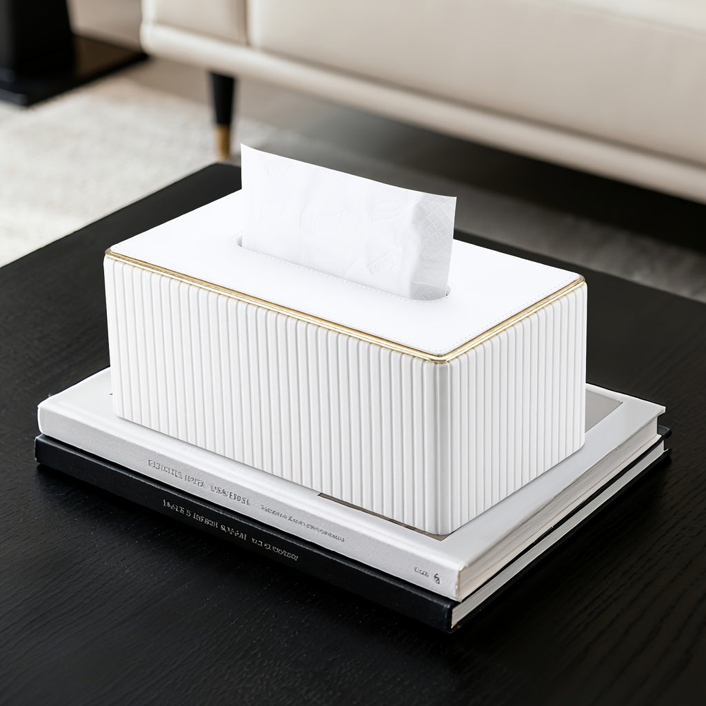Smart Stackable Home Storage Bins – portable space-saving storage, Cream White Vertical Striped Faux Leather Tissue Box With Golden Trim Desktop Napkin Dispenser, designed for American homes, daily convenience and practical gifting