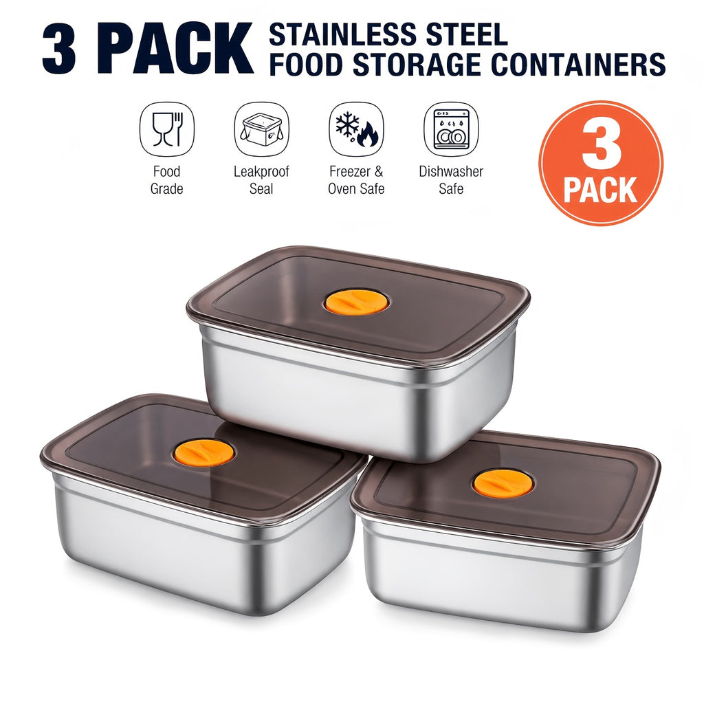Premium 3pcs Airtight Food Storage Containers – leak-resistant reusable meal prep, 3pcs Airtight Stainless Steel Food Container with Lid Vacuum Seal Leak Proof Lunch Box, designed for American homes, daily convenience and practical gifting