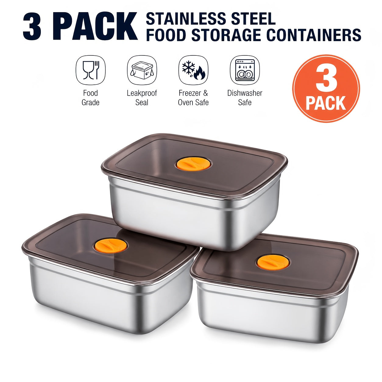 Premium 3pcs Airtight Food Storage Containers – leak-resistant reusable meal prep, 3pcs Airtight Stainless Steel Food Container with Lid Vacuum Seal Leak Proof Lunch Box, designed for American homes, daily convenience and practical gifting