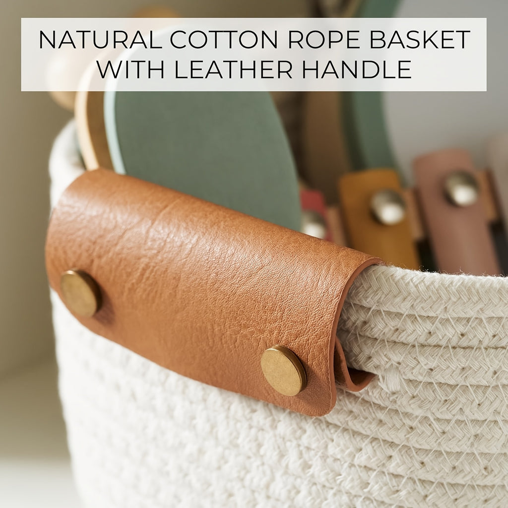 Compact Stackable Home Storage Bins – portable space-saving storage, Rectangle Woven Baskets for Storage Handwoven Cotton Rope Storage Basket with Leather Handles -, designed for American homes, daily convenience and practical gifting