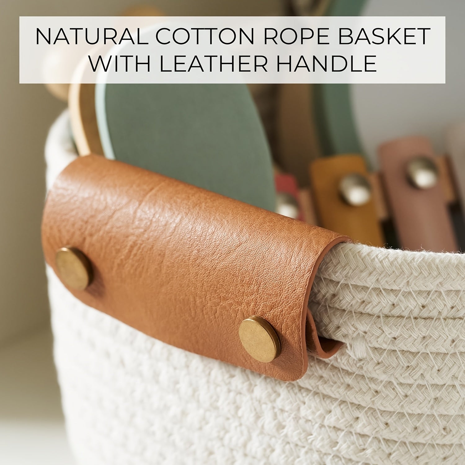 Compact Stackable Home Storage Bins – portable space-saving storage, Rectangle Woven Baskets for Storage Handwoven Cotton Rope Storage Basket with Leather Handles -, designed for American homes, daily convenience and practical gifting