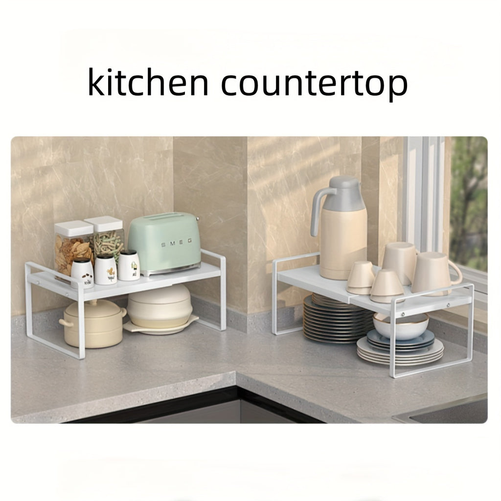 Cabinet Shelf Expandable Height Adjustable Organizer Riser for Kitchen Cabinet Pantry Cupboard Under Sink Countertop Organization Storage Space Saver Stackable Heavy Duty Metal, White/Black, for Christmas Gifts, Standing Shelf, Standing Shelf