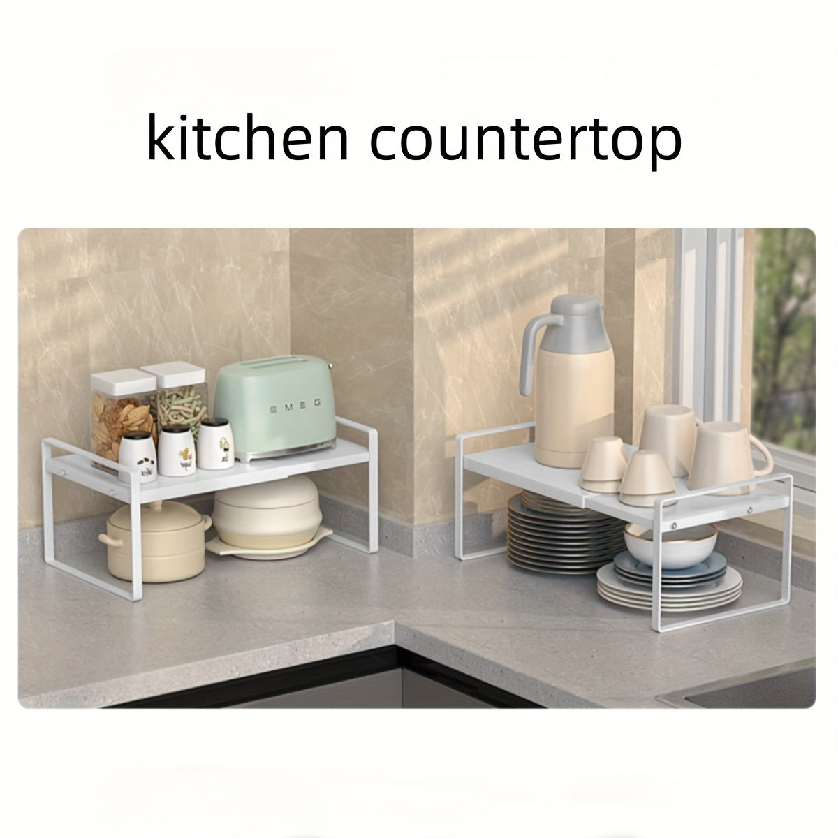 Cabinet Shelf Expandable Height Adjustable Organizer Riser for Kitchen Cabinet Pantry Cupboard Under Sink Countertop Organization Storage Space Saver Stackable Heavy Duty Metal, White/Black, for Christmas Gifts, Standing Shelf, Standing Shelf