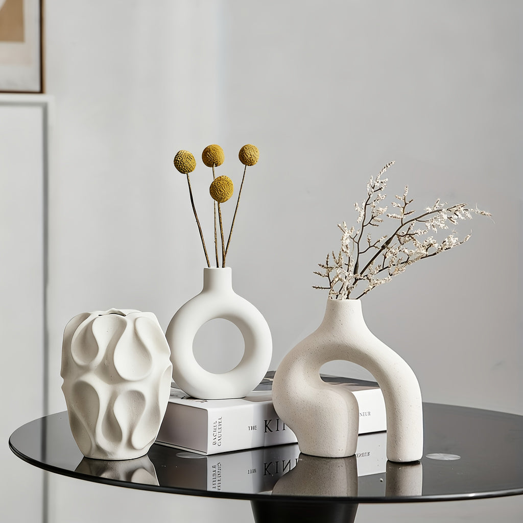 Kitchen Essential – Ceramic Vase Set 3 - Piece - Bohemian Farmhouse Style Decorative Vases Pampas Grass, Beige Vases Home Decor, Living Room, Kitchen, Bedroom, Entryway Mantel for Modern US