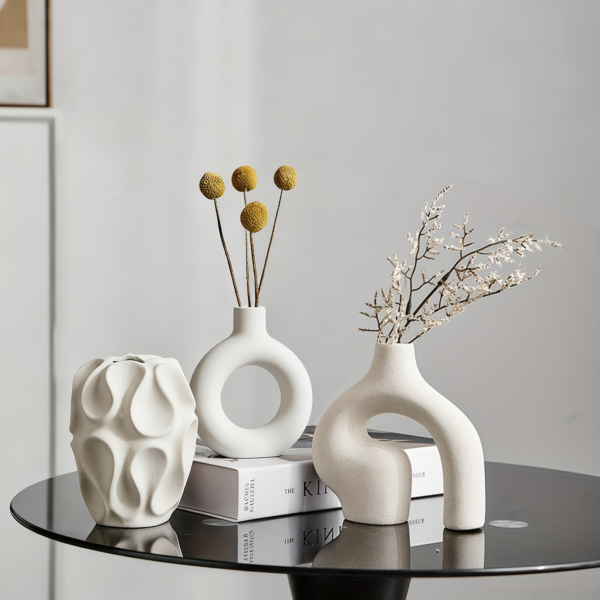 Kitchen Essential – Ceramic Vase Set 3 - Piece - Bohemian Farmhouse Style Decorative Vases Pampas Grass, Beige Vases Home Decor, Living Room, Kitchen, Bedroom, Entryway Mantel for Modern US