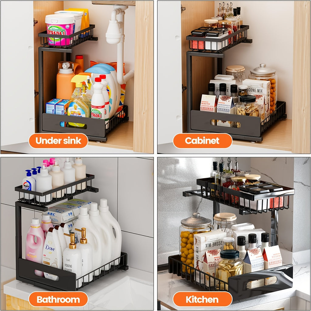 Kitchen Essential – Under Sink Organizers, Metal Pull Out Under Sink Organizers And Storage Shelves with Sliding Drawer, Under Sink Storage for Kitchen, Bathroom (1pack/2pack) for Modern US