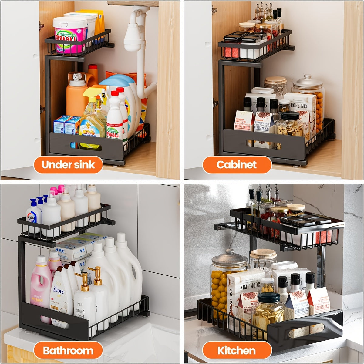 Kitchen Essential – Under Sink Organizers, Metal Pull Out Under Sink Organizers And Storage Shelves with Sliding Drawer, Under Sink Storage for Kitchen, Bathroom (1pack/2pack) for Modern US