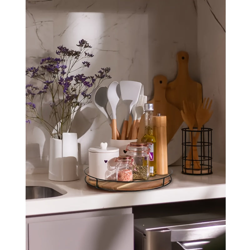 Space-Saving 1pc Refrigerator Bottle Organizer – easy-access beverage storage, 1pc Wooden Storage Rack with Steel Armrests Turntable Organizer for Cupboard Pantry Kitchen Countertop, designed for American homes, daily convenience and practical giftin