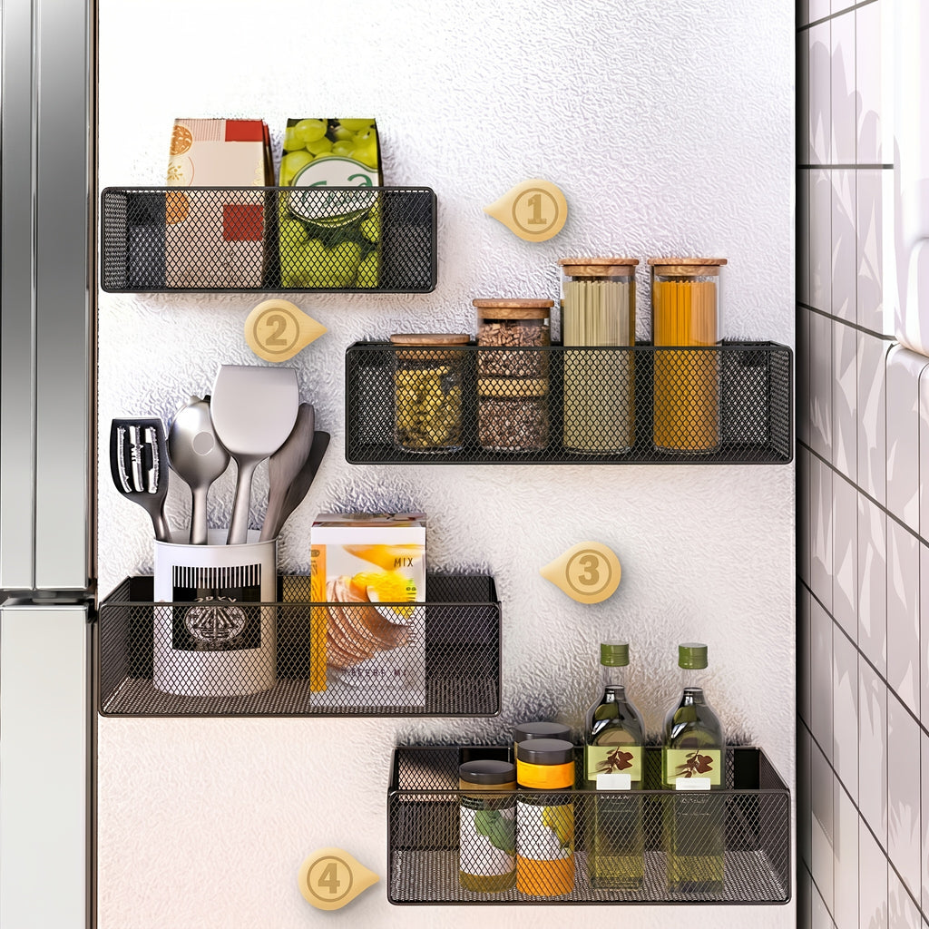 3-Pack Magnetic Storage Organizer 2 Small And 1 Large, Strong Magnet No Drill Wall Mount Basket, Metal Mesh Fridge Storage Rack, Kitchen Spice Organizer, Multi-Use Holder for Refrigerator Washing Machine Coffee Machine Home Wall Storage