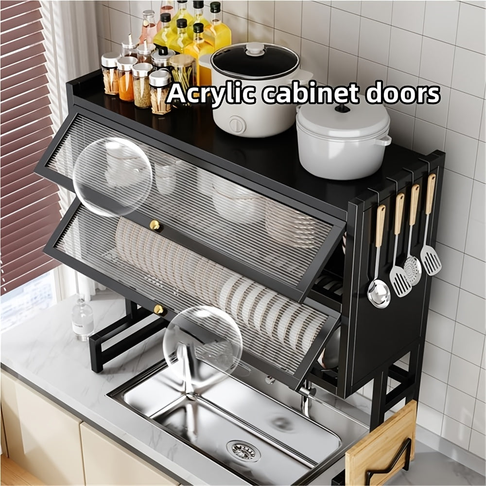 3-Tier Black Metal Kitchen Organizer with Dish Rack, Cutting Board Holder & Utensil Hooks - Over Sink/Countertop Space-Saving Storage for Plates, Bowls - Includes Lid, Spice Containers & Cup Holders - Durable Design for Organized Home Chef Kitchens