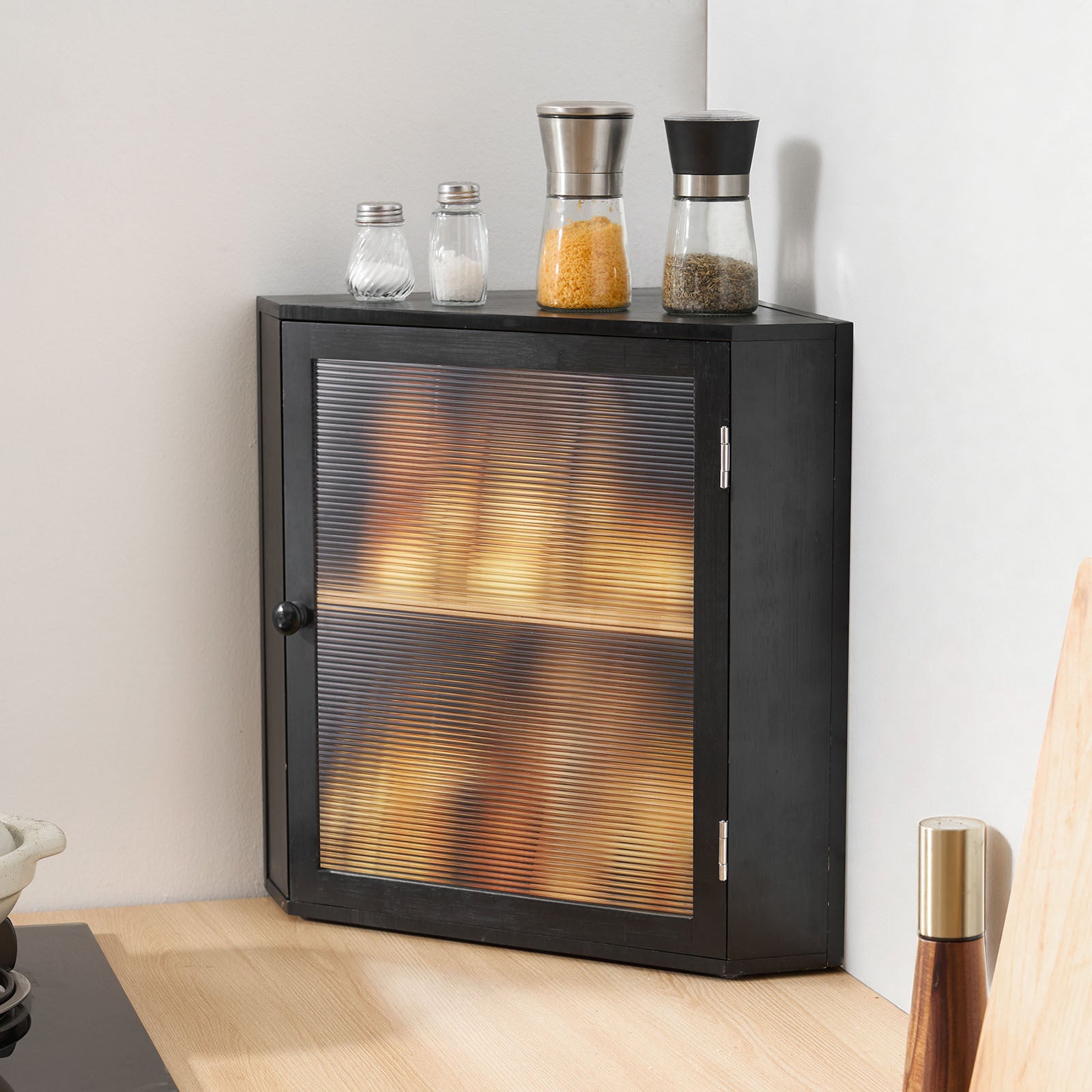 VEVOR Corner Bread Box for Kitchen Counter Double Layer Bamboo Storage Container Black / Natural