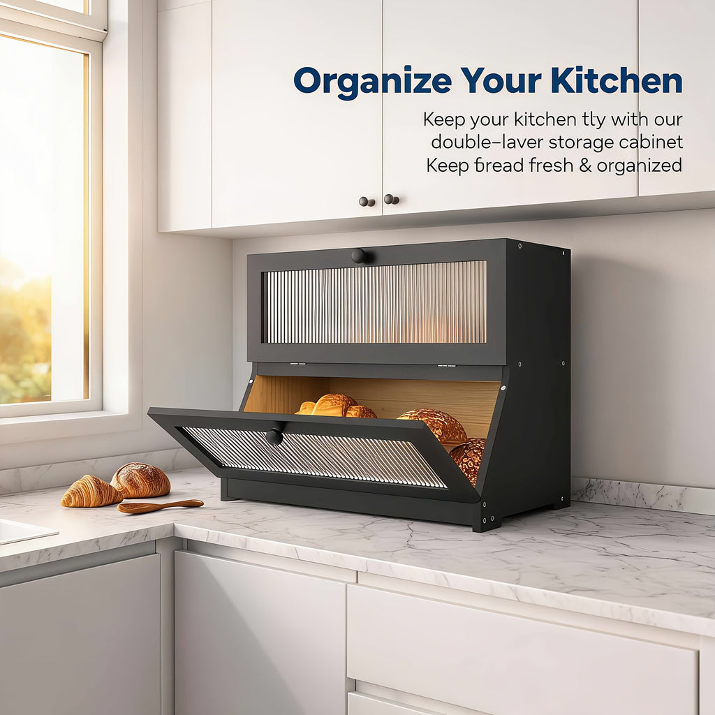Bread Bin & Bread Bins for Kitchen, Double-tiered Black Wooden Bread Bin, Large-capacity Bread Storage Box Ideal for Kitchen Counters