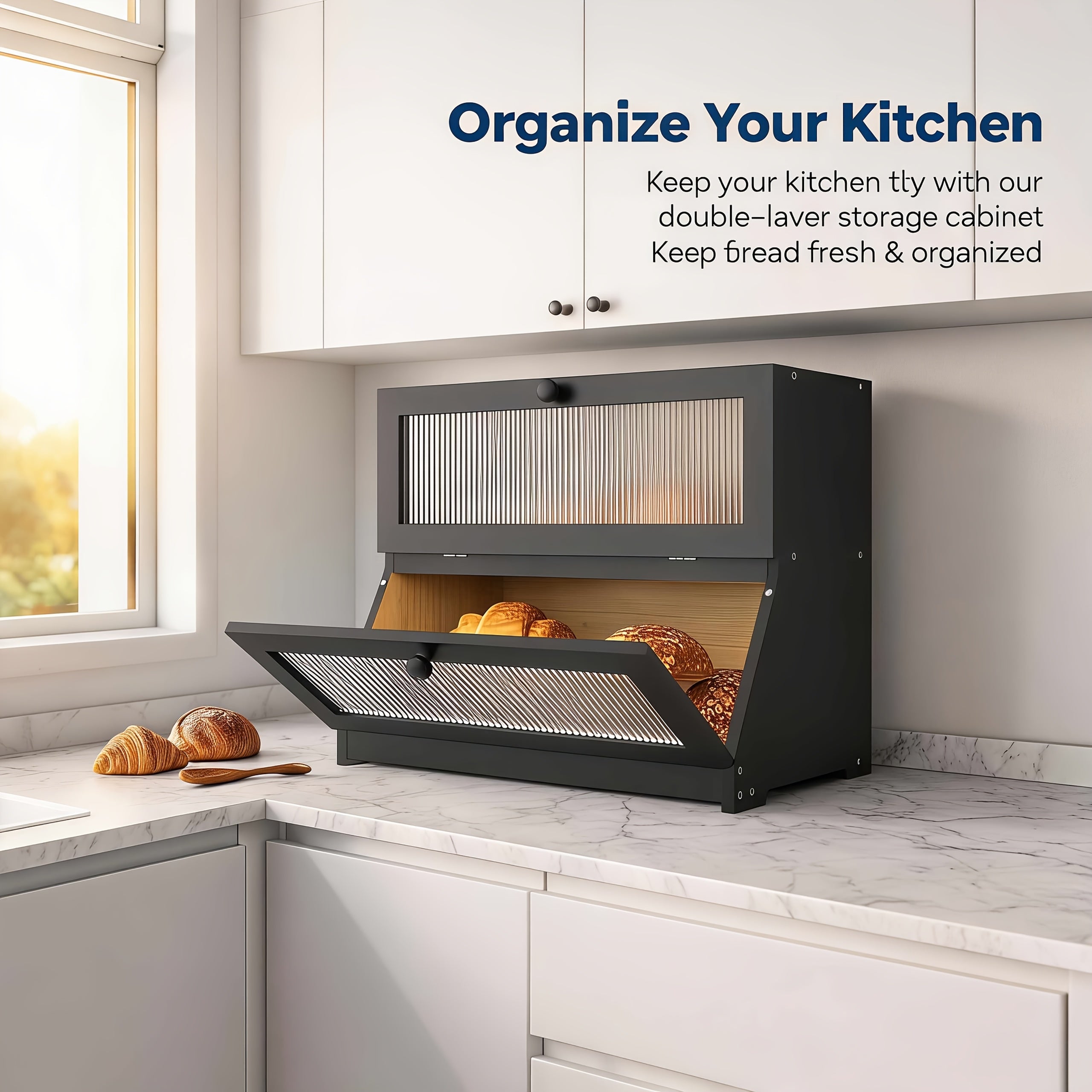 Bread Bin & Bread Bins for Kitchen, Double-tiered Black Wooden Bread Bin, Large-capacity Bread Storage Box Ideal for Kitchen Counters