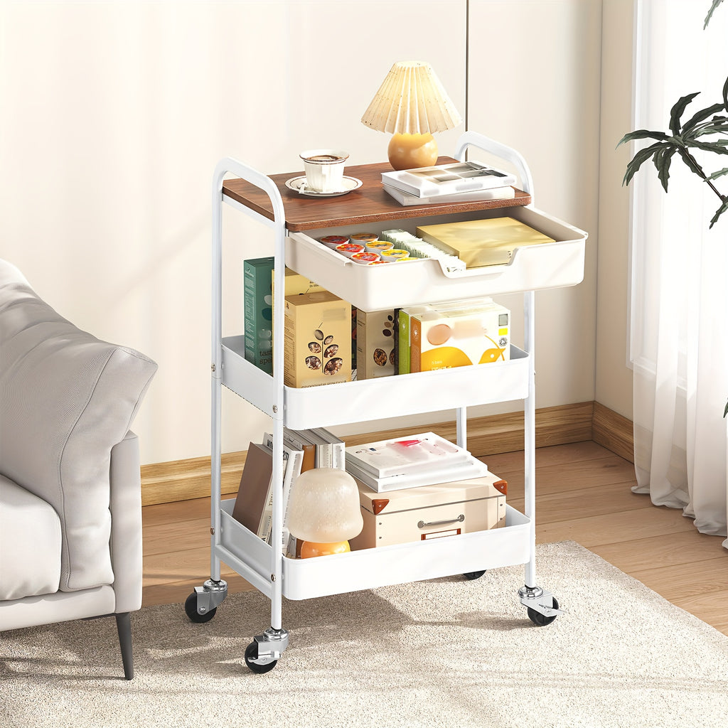 3-Tier Metal Utility Rolling Cart Featuring a Drawer And Table Top, a White Storage Trolley for Kitchen Organization, Suitable for Office, Classroom, Home, And Bedroom with Lockable Wheels