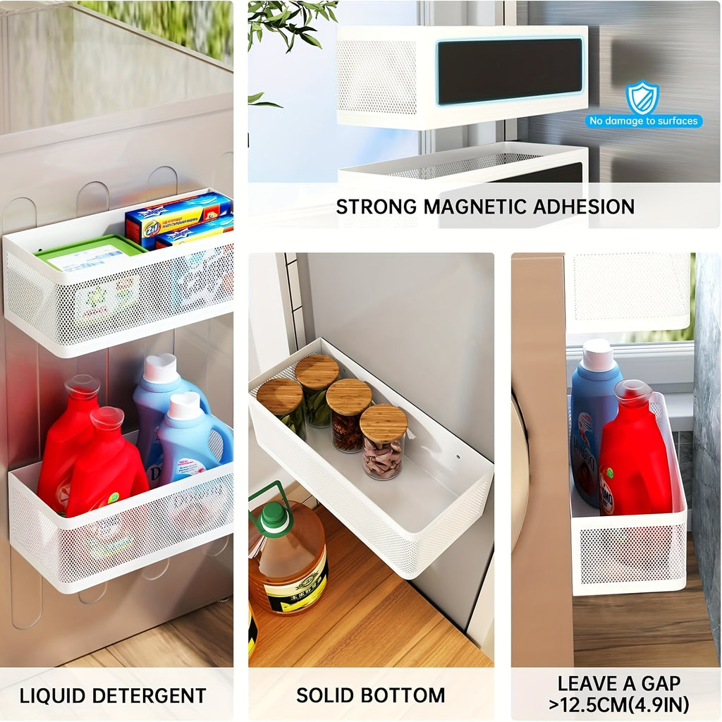 Multifunctional Magnetic Storage Basket Set - Heavy-Duty Carbon /Metal Shelf with Magnetic Base Suitable for Refrigerator, Washing Machine, Appliance-Specific Large Capacity Space-Saving Shelves, Kitchen & Laundry Room Organization (Not Shelf)