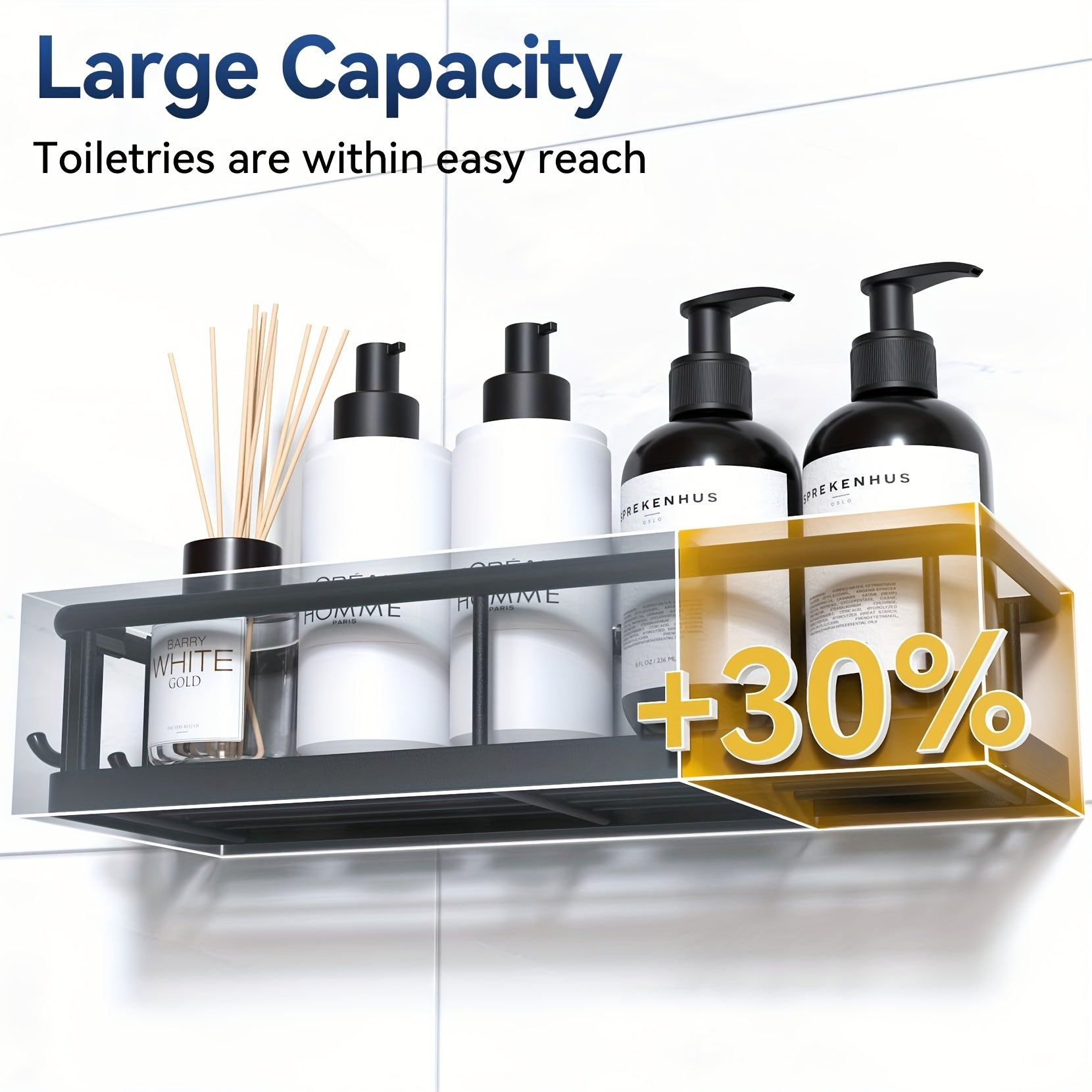 Bathroom Organizer – No Drill Adhesive Shower Caddy with Removable Hooks - Wall-Mounted Rustproof Stainless Shelves Suitable for Bathroom, Shower System, Embedded Shelf for Tiles, Painted fo