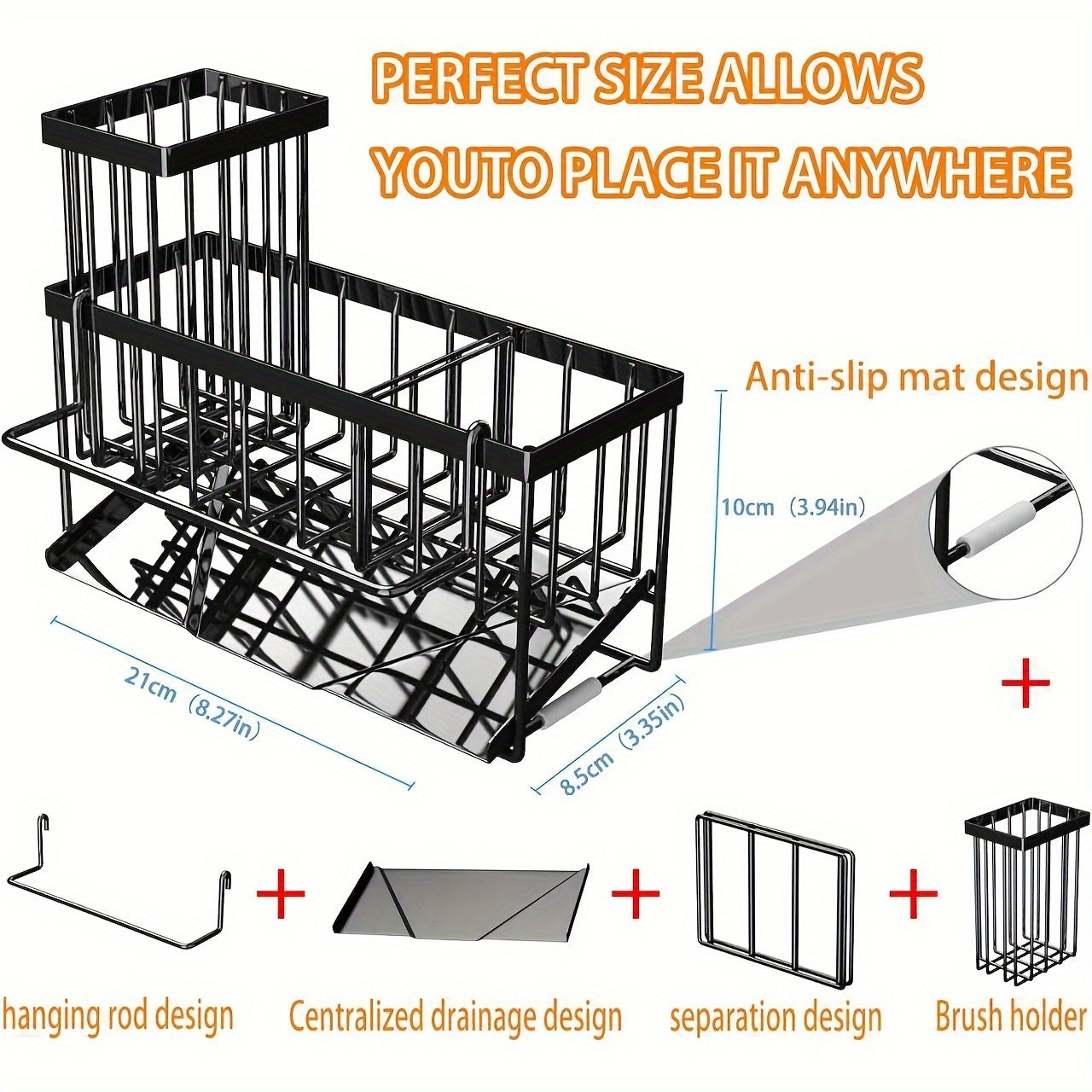 Durable Stainless Steel Kitchen Sink Organizer with Drain Tray - Heavy Duty 304 Rust-Proof Black Sink Storage Basket, Versatile Sponge And Brush Holder, Space-Saving Dish Rack Accessory for Sink And Countertop Without Dishwasher