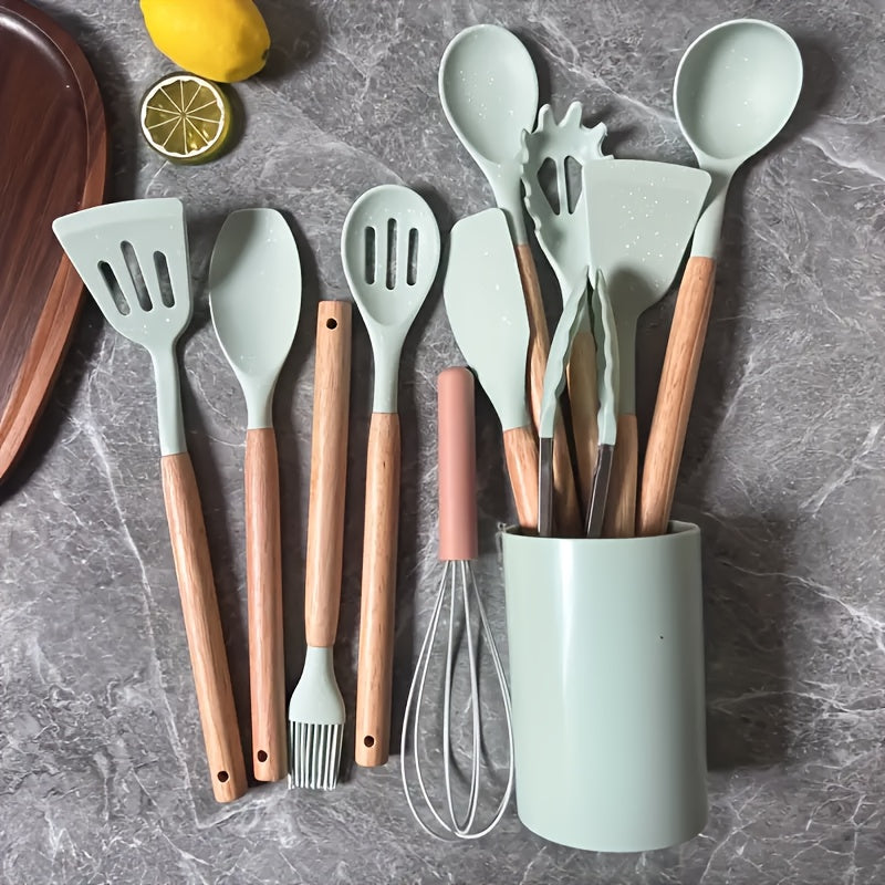 12pcs Silicone Cooking Kitchen Utensils Set with Wooden Handle, Silicone Flip Flop Tongs Spatula Spoon Kitchen Utensils Set for Non-Stick Cookware, Wooden Handle Silicone Kitchen Gadget Utensils Set, Meets Your Cooking Needs