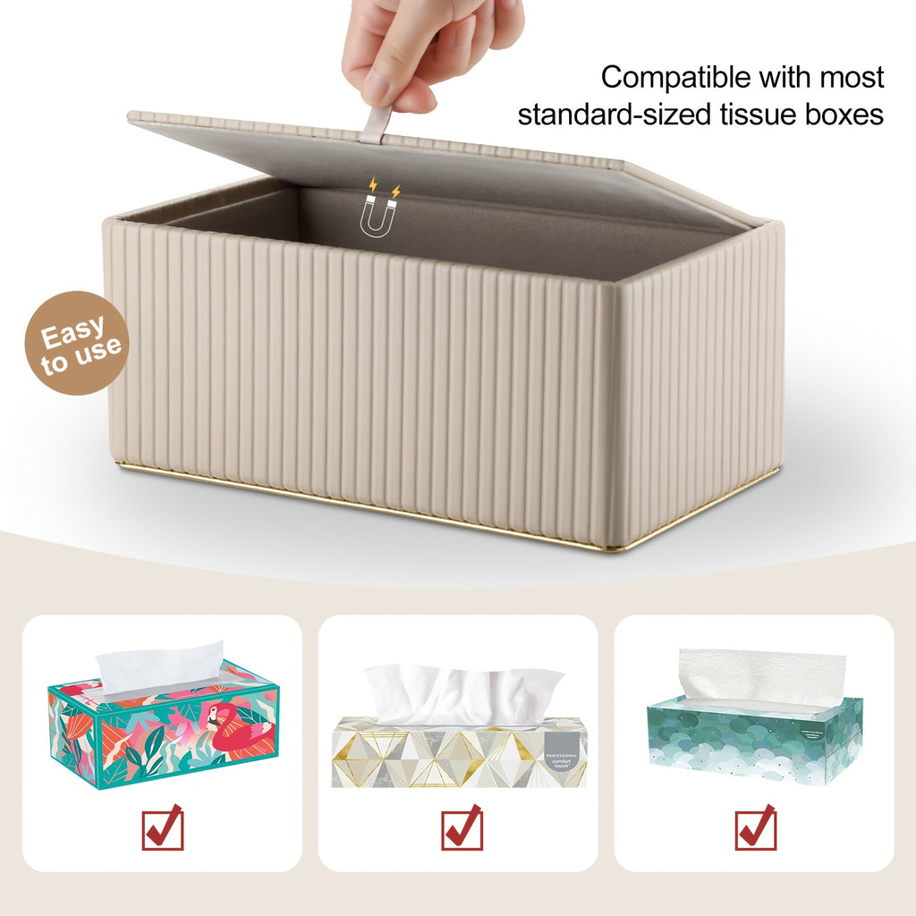 Smart Stackable Home Storage Bins – portable space-saving storage, Cream White Vertical Striped Faux Leather Tissue Box With Golden Trim Desktop Napkin Dispenser, designed for American homes, daily convenience and practical gifting