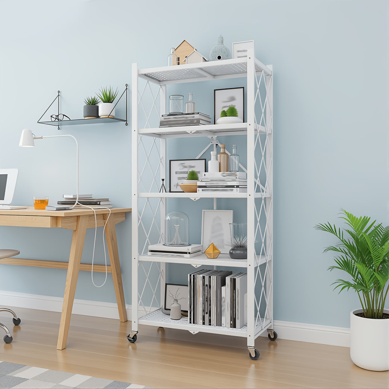 Compact Adjustable Home Storage Rack – durable multi-purpose storage, 5 4 3-Tier Heavy-Duty Folding Storage Rack With Wheels - Portable Multi-Layer Floor-standing Shelf, designed for American homes, daily convenience and practical gifting