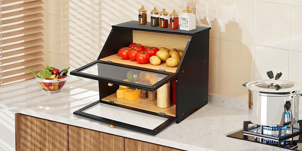 Premium Countertop Bread Storage Box – fresh-bread countertop organization, Double Layer Large Bread Box for Kitchen Counter Wooden Large Capacity Bread Storage Bin, designed for American homes, daily convenience and practical gifting