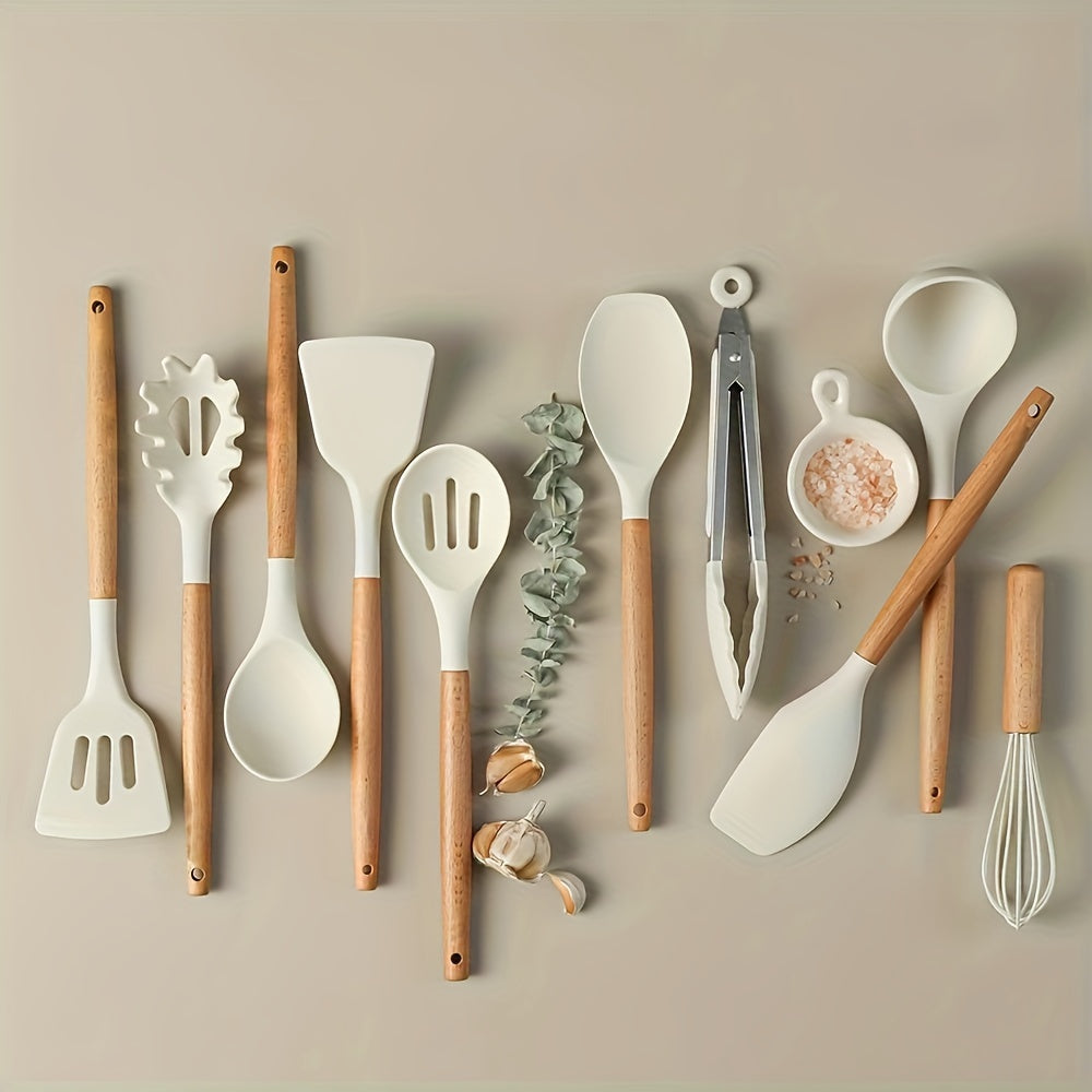 Kitchen Essential – 10pcs Silicone Kitchenware Set, High-temperature Non-stick Cooking Tool Kit, Including Wooden Handle Spatula, Flipper, Soup Spoon, Clamp, and Egg Beater for Modern US Hom