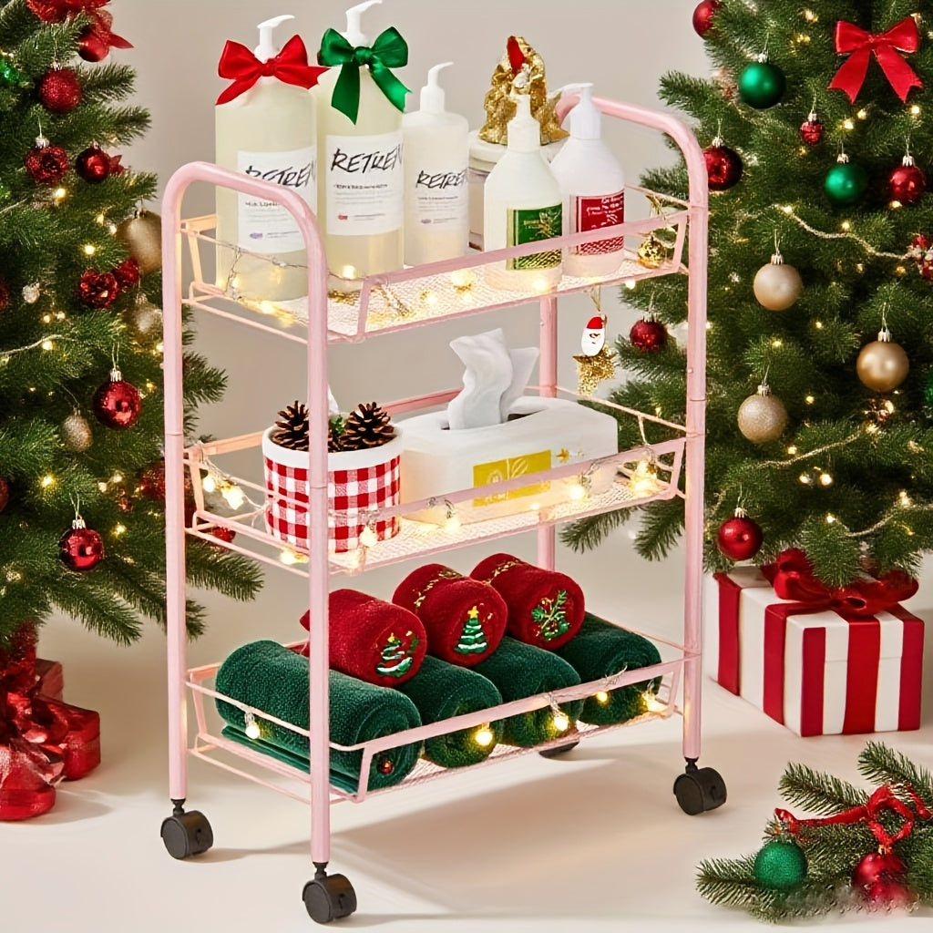 3-Tier Metal Rolling Cart - Mesh Wire Easy Assemble Utility Cart, Storage Trolley on Wheels with 3 Hooks, Metal Storage Shelving Units for Kitchen, Bathroom, and Laundry Room