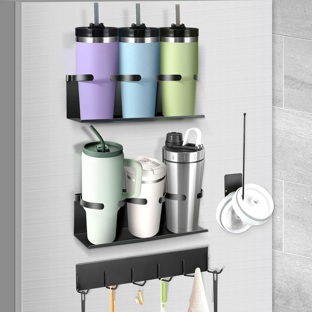 Kitchen Essential – 4-Pack Magnetic Cup Holder for Refrigerator, Magnetic Tumbler Lid Organizer for 20Oz 30Oz 40Oz Cups, Water Bottle Holder Rack with 7 Hooks for Kitchen Fridge Cabinets (Bl