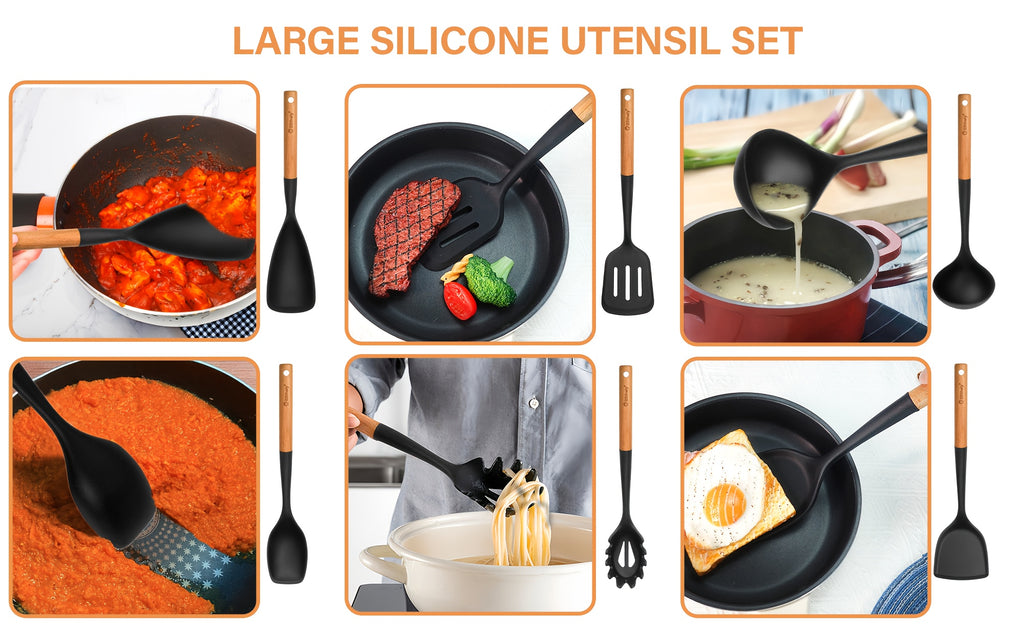 10Pcs Silicone Cooking Utensils Set , Nonstick Kitchen Utensils Set with Wooden Handle, Heat Resistant Spatula Set for Cooking, Heat Resistant Silicone Kitchen Gadgets Tools with Spoons, Spatula Set, Turners