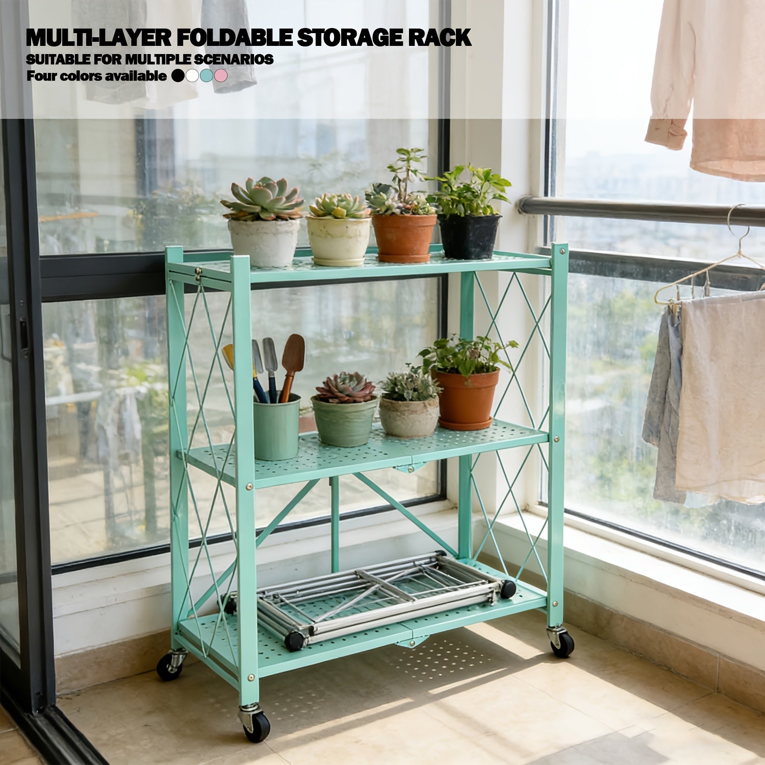 Compact Adjustable Home Storage Rack – durable multi-purpose storage, 5 4 3-Tier Heavy-Duty Folding Storage Rack With Wheels - Portable Multi-Layer Floor-standing Shelf, designed for American homes, daily convenience and practical gifting
