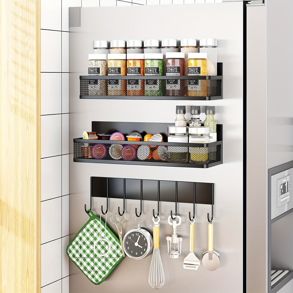 Premium 3 Pack Adjustable Home Storage Rack – durable multi-purpose storage, Magnetic Spice Rack for Refrigerator 3 Pack Magnetic Shelf Moveable Fridge Organizer with 8-Hook, designed for American homes, daily convenience and practical gifting