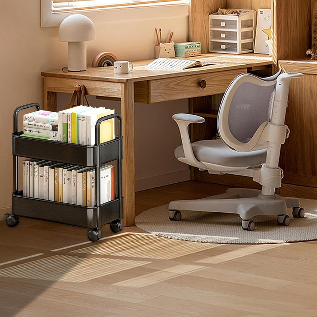 2pcs Rolling Cart with Wheels and Handle,Rolling Storage Cart for Office, Living Room, Laundry Room,Kitchen,Bathroom, Black White