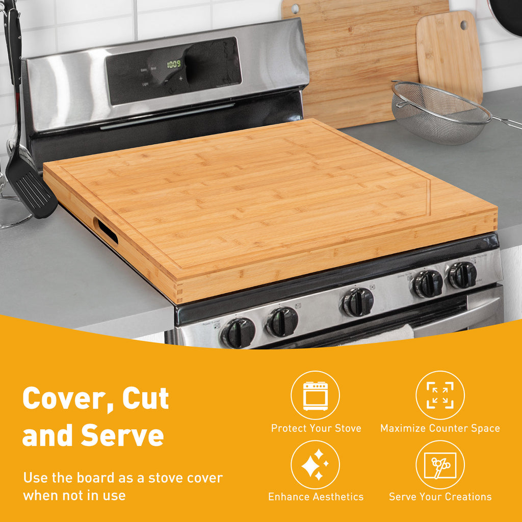 Natural Bamboo Stove Cover for Gas & Electric Burners - 30"L x 22"W x 2.5"H with Built-in Handles, Versatile Cutting Board & Serving Tray, Groove Design for Sink or Countertop Protection, Kitchen Stove Cover | Natural Bamboo Finish | Natural Wood Appearan