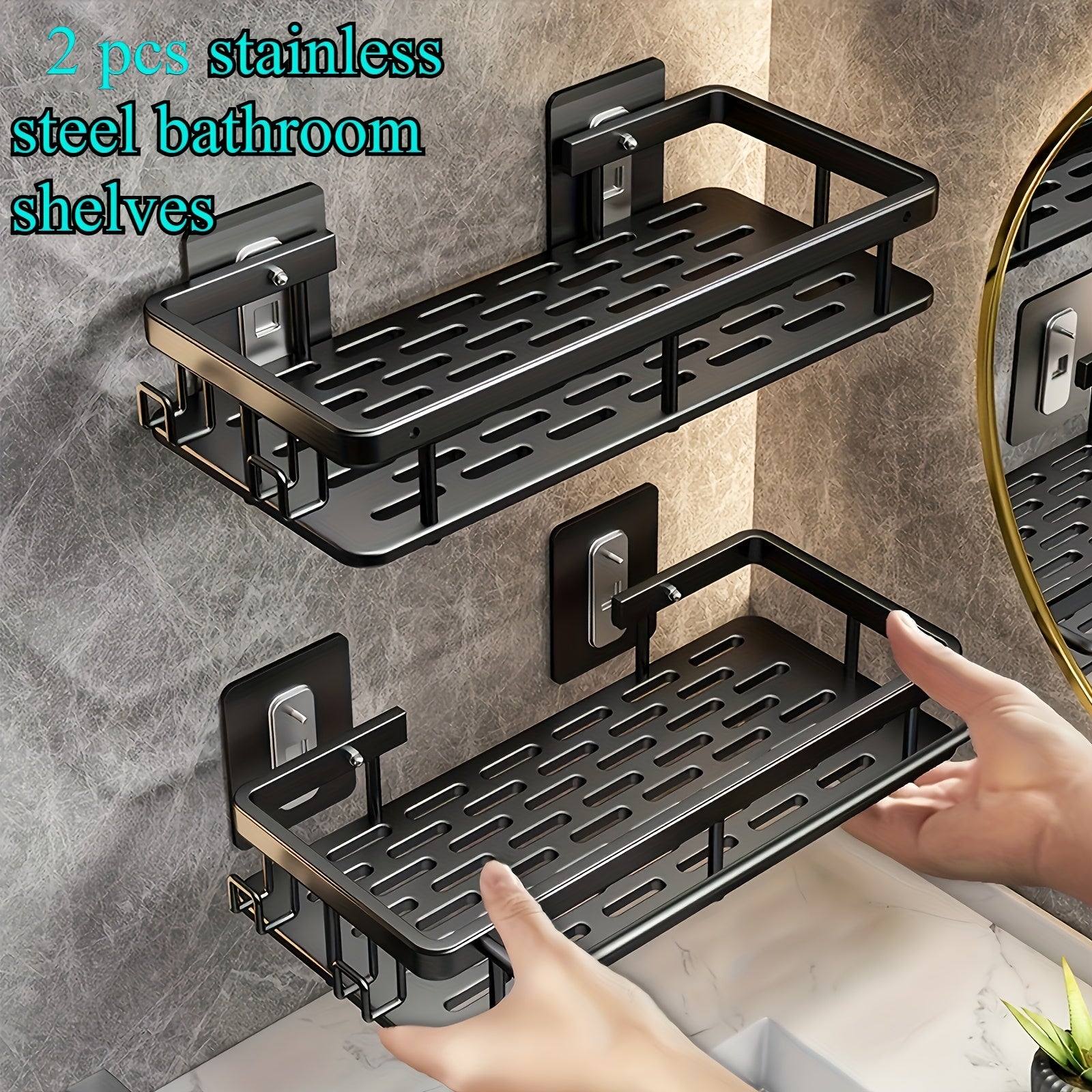 Space-Saving 2pcs Adjustable Home Storage Rack – durable multi-purpose storage, Christmas Essential 2pcs Stainless Steel Bathroom Shelf No-Drill Wall-Mounted Kitchen Spice Rack Large Capacity, designed for American homes, daily convenience and practi