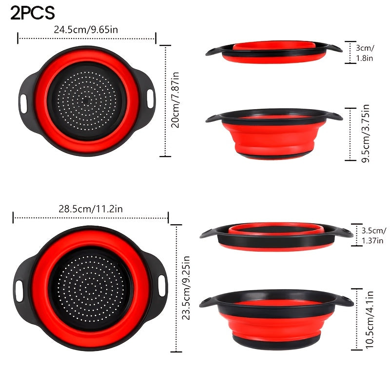 Collapsible Colander, 2pcs Set of Collapsible Strainers, Space-Saving Kitchen, Food-Grade Silicone Folding Strainer Colander with Handle, Red