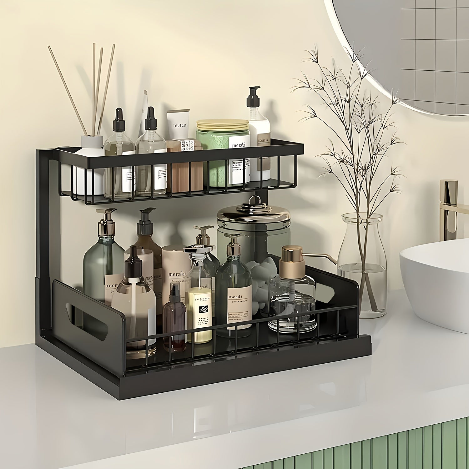 Kitchen Essential – 1/2pcs 2-story kitchen sink storage containers，push-pull cabinet organizer, kitchen and bathroom organizers and storage, study, tabletop, metal sliding drawers, practical