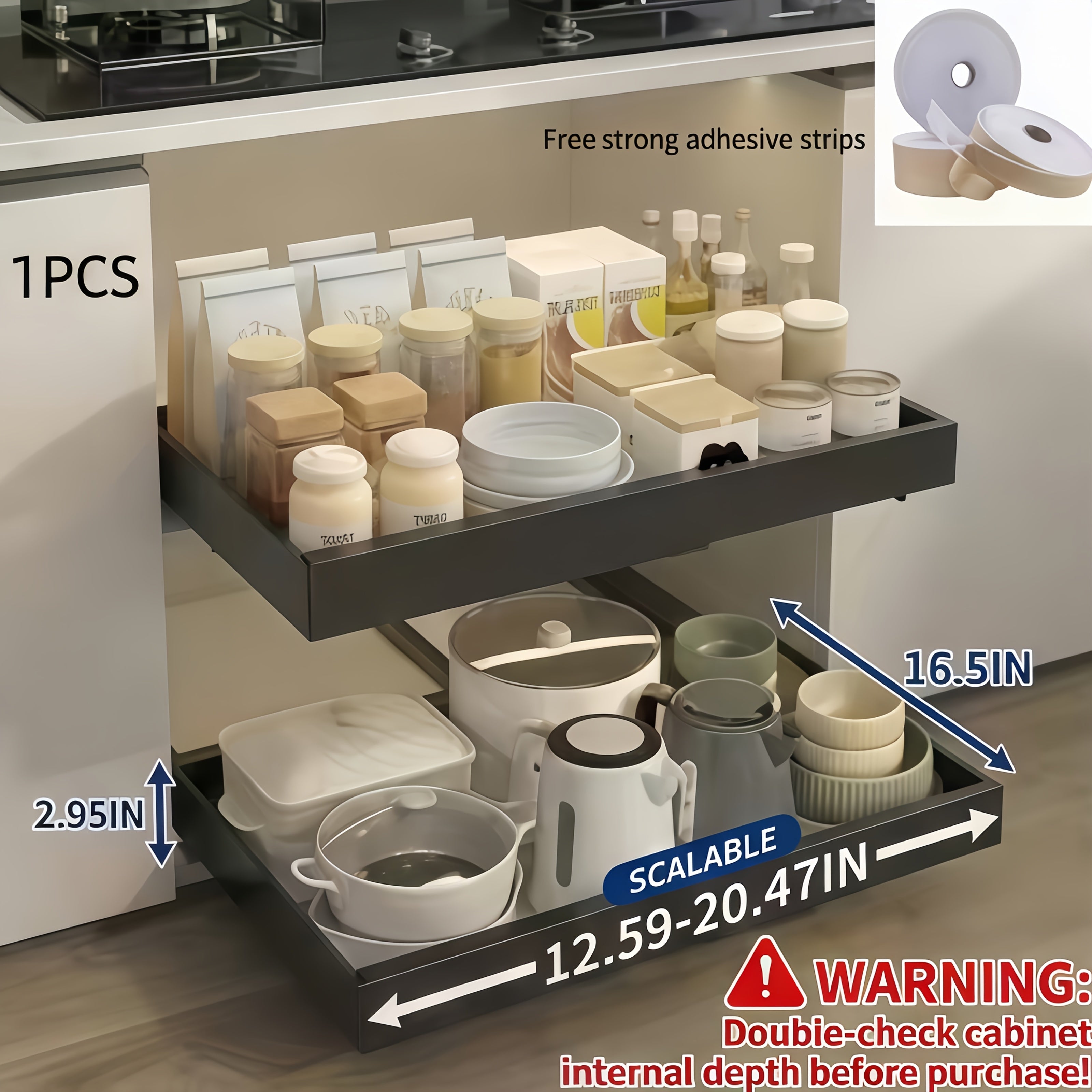 Expandable Pull Out Cabinet Organizer, Heavy-Duty Carbon Steel Slide-Out Drawer, Silent Sliding Roll-Out Shelf With Adhesive Nano Film Or Screw Installation, Rust-Resistant Storage Rack For Kitchen, Bathroom, And Pantry, Gift For Mother'S Day