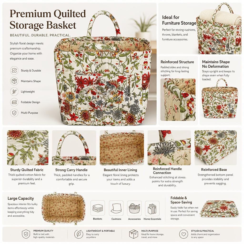 Modern Adjustable Home Storage Rack – durable multi-purpose storage, Large Floral Series Storage Basket Vintage Quilted Floral Portable Large-Capacity Home Storage Basket Suitable, designed for American homes, daily convenience and practical gifting