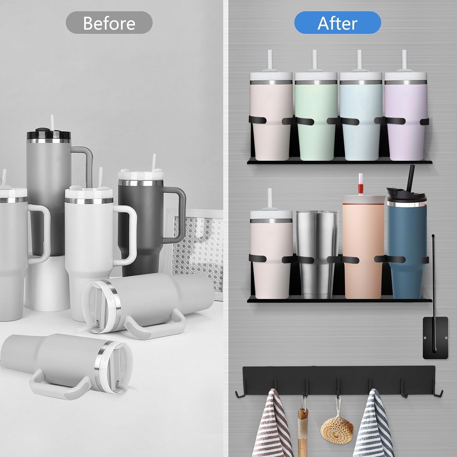 Kitchen Essential – 4-Pack Magnetic Cup Holder for Refrigerator, Magnetic Tumbler Lid Organizer for 20Oz 30Oz 40Oz Cups, Water Bottle Holder Rack with 7 Hooks for Kitchen Fridge Cabinets (Bl