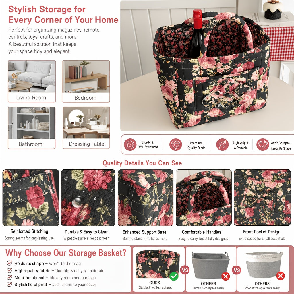 Modern Adjustable Home Storage Rack – durable multi-purpose storage, Large Floral Series Storage Basket Vintage Quilted Floral Portable Large-Capacity Home Storage Basket Suitable, designed for American homes, daily convenience and practical gifting
