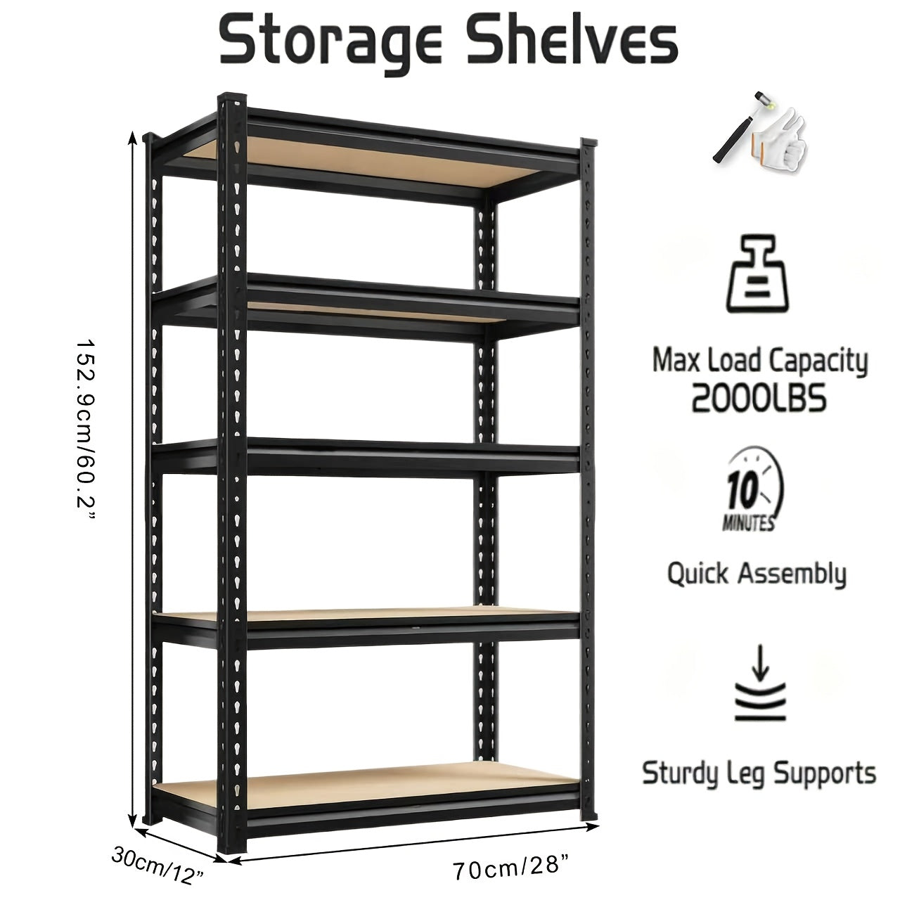 2000 Capacity Heavy-Duty 5-Tier Industrial Shelving Unit - Adjustable Height (72"/60") Black Metal Storage Rack with Open & Enclosed Shelves, Freestanding Garage, Pantry, Closet Organizer, Easy Assembly Utility Shelf with & Hammer, Utility Shelves