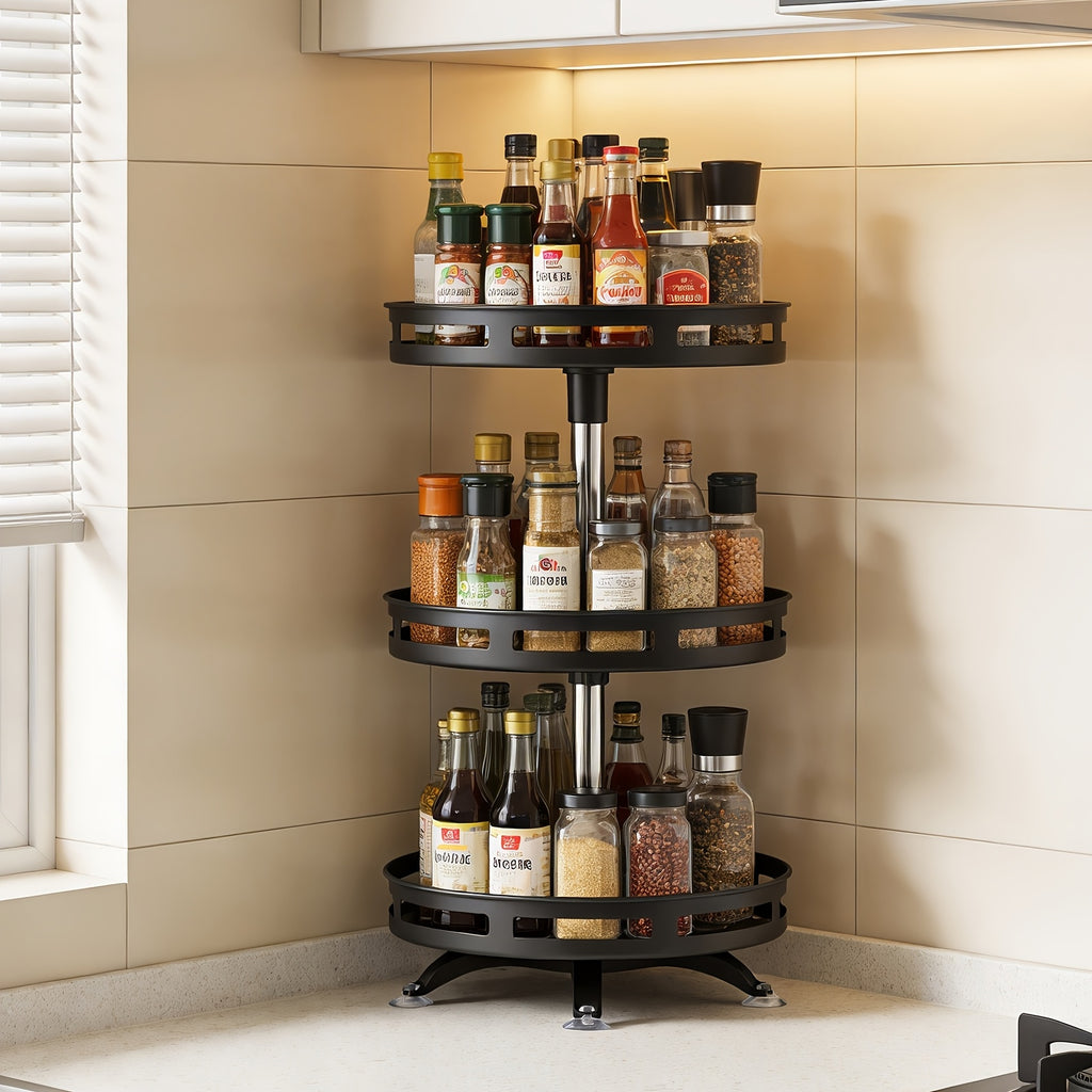 Modern Glass Spice Jar Set – clear reusable pantry storage, 3-Tier Rotating Kitchen Spice Rack Metal Turntable Rotating Spice And Seasoning Storage Rack Kitchen, designed for American homes, daily convenience and practical gifting