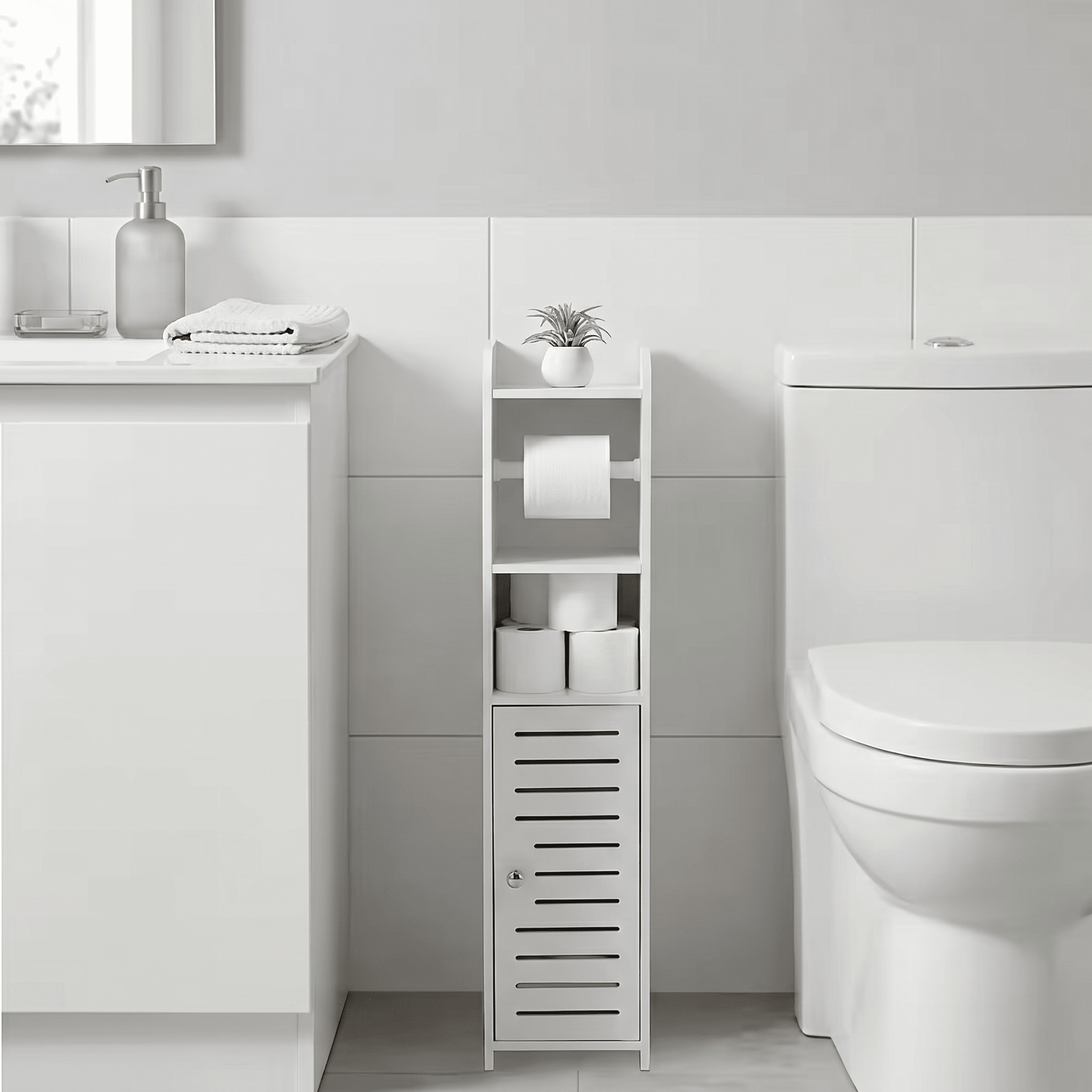 White/Black/Gray Slim Bathroom Organizer Rack, Perfect for Small Spaces in Various Settings, Includes a Bathroom Storage Cabinet with a Tissue Holder, Easy to Assemble, Durable Toilet Paper Storage Container, Comes with a Roll Holder and Screwdriver