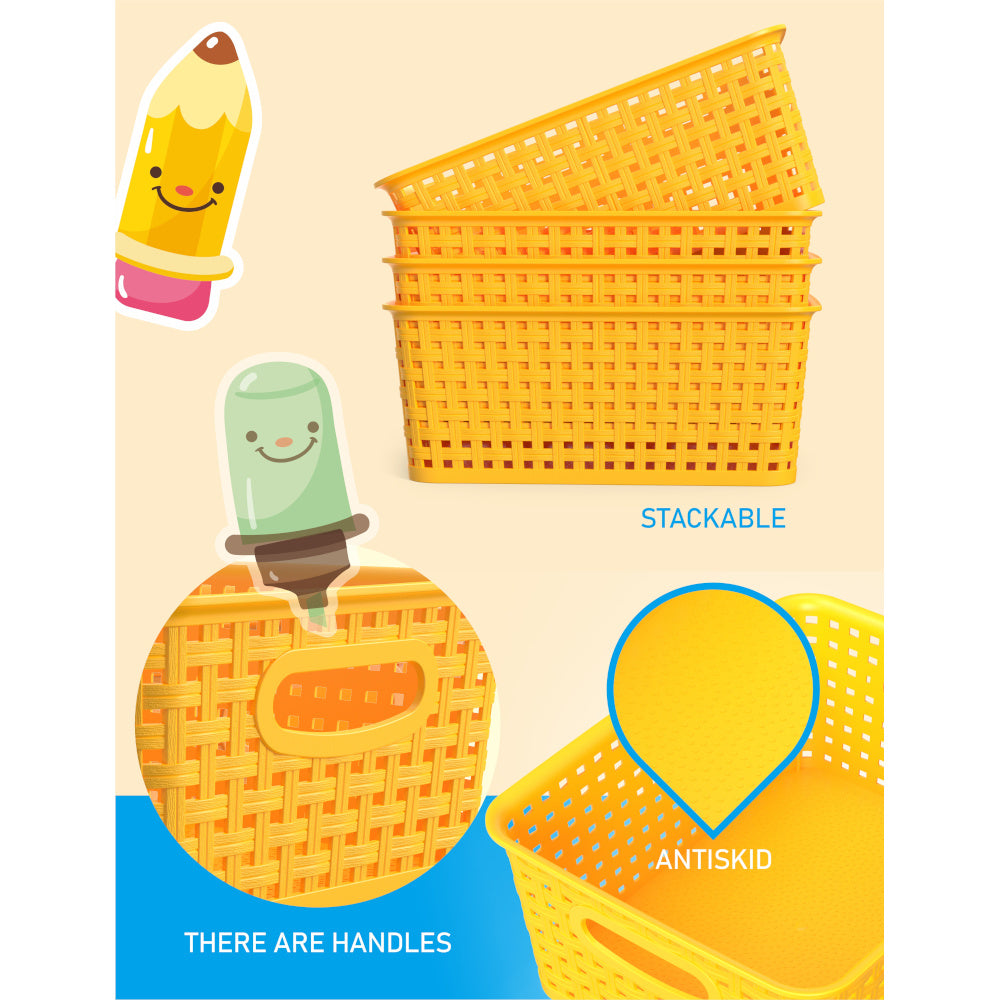 Set of 6 Durable Woven Plastic Storage Bins in Yellow, Measuring 10.1" X 7.55" X 4.1", Ideal for Organizing Your Home, Office, Desktop, Wardrobe, Or Bathroom, Shelf Baskets