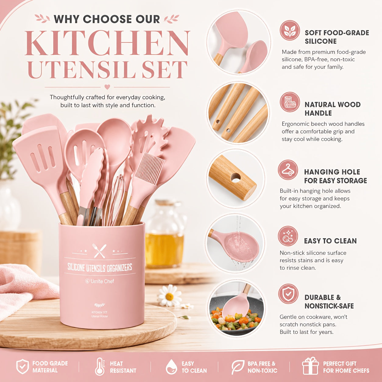 Kitchen Essential – [33pcs Silicone Kitchen Utensil Set With Holder] Heat Resistant Non-Stick Cooking Tools, Kitchen Accessories Set, Include Whisk Tong Spatula, Dishwasher Safe Cookware For