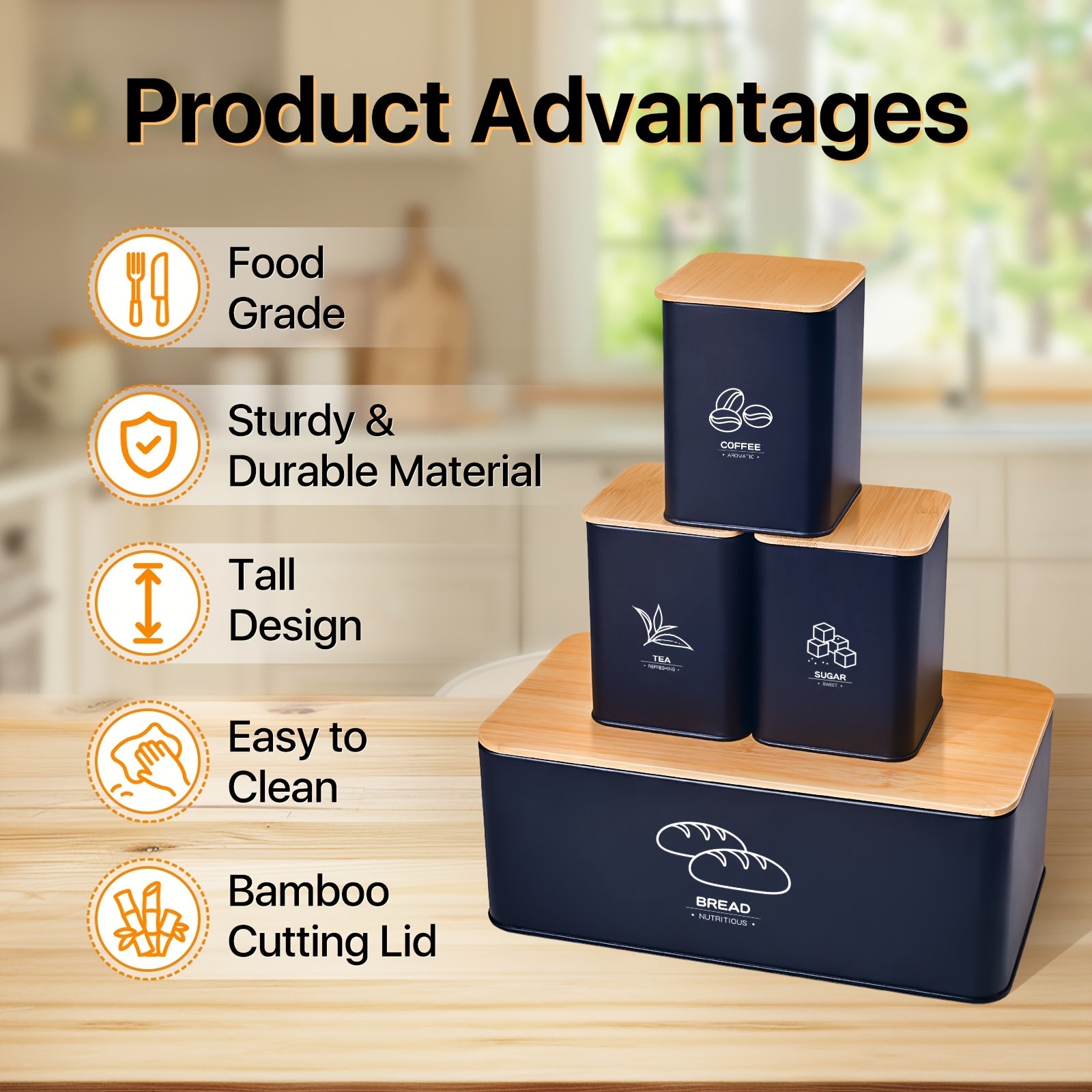 Metal Bread Box for Kitchen Countertop with Coffee Sugar Tea Kitchen Storage Containers, Bread Box And Canisters Set for The Kitchen with Lid, Classic Bread Tin with Lid for Loaves, Large Capacity