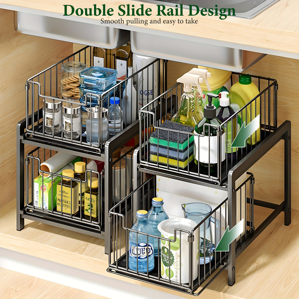 Kitchen Essential – 2-Tier Sliding Under-Sink Organizer Rack – Durable Metal Wire Storage Basket for Kitchen & Bathroom Essentials, Removable & Easy to Clean, Perfect for Utensils, Spices, T