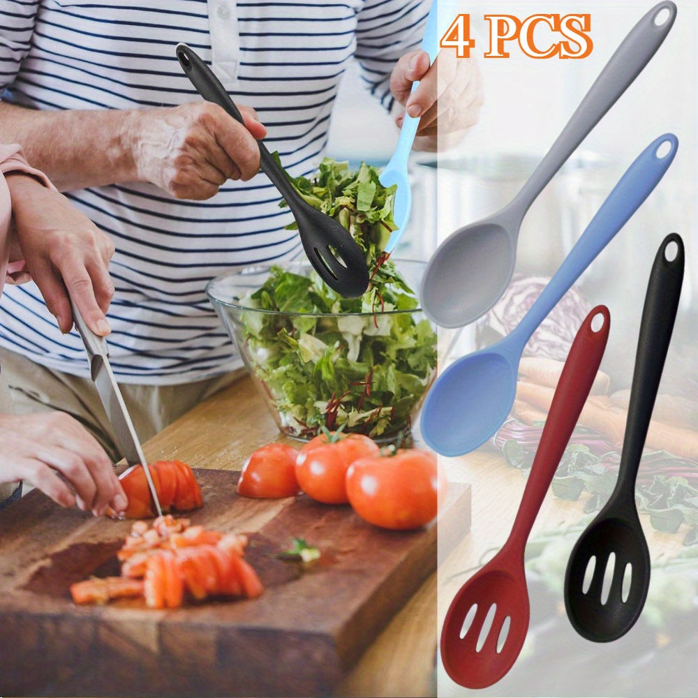 Kitchen Essential – 4pcs Silicone Cooking Spoon Mixing Spoon Durable, Heat Resistant, Non-stick, for Cooking, Baking, Stirring, Essential Kitchen Utensils High-quality Materials Reusable Eas